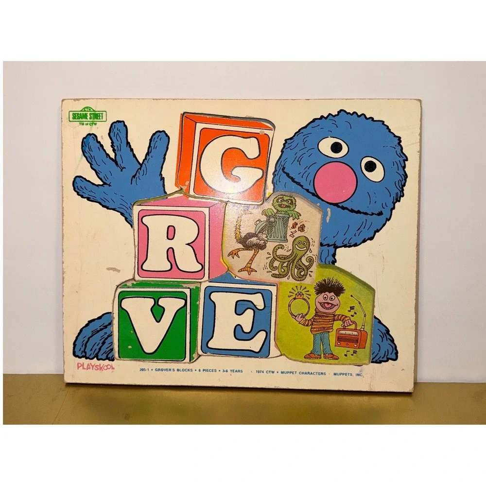 Vintage 1974‎ Playskool Sesame Street Grovers Blocks Wood Tray Puzzle 205
